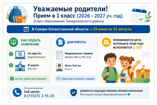 Уважаемые родители! Сообщаем, что начался приём документов в 1 класс на 2026–2027 учебный год.
